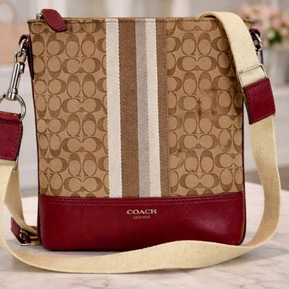 Coach Legacy Khaki Brown Cherry Red Signature Swingpack Crossbody Shoulder Bag‎